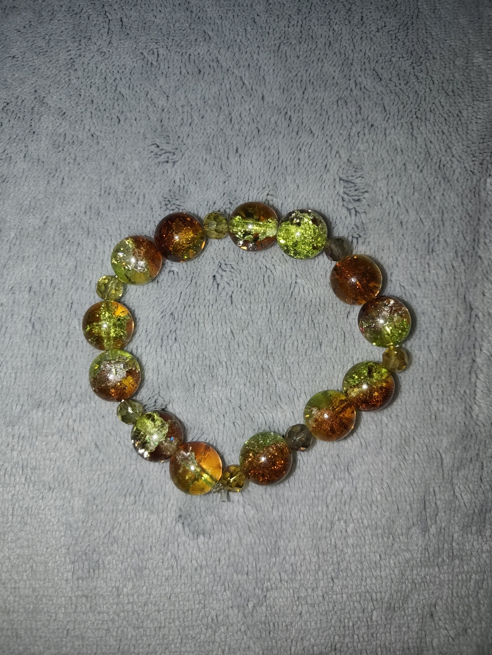 Glass Bead Stretch Bracelet Green & Amber - Handmade Jewelry